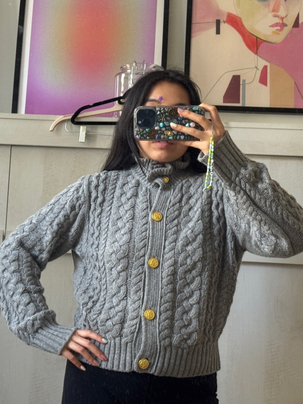 J Crew- Gray Cable Knit Button-Front Sweater